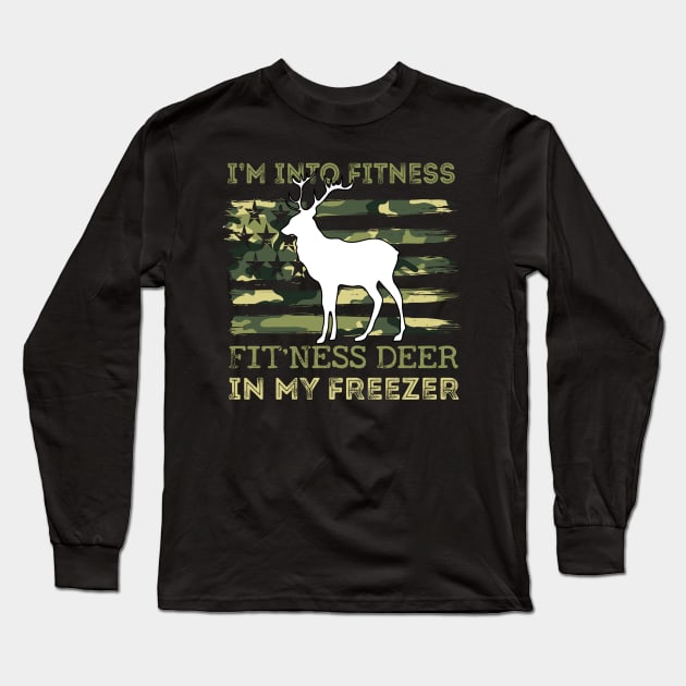 Hunting I'm Into Fitness Fit'ness Deer In My Freezer USA FLAG Long Sleeve T-Shirt by NIKA13